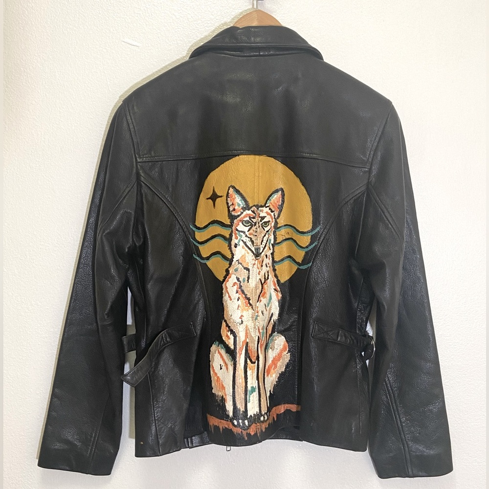 Vintage Guess - Black Leather Moto Jacket Hand Painted Fox - Women's size M